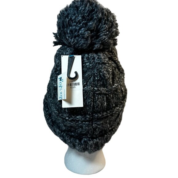 Love Of Fashion Women's Chunky Knit Faux Fur Lined Pom Pom Beanie Black Gray - Picture 3 of 6